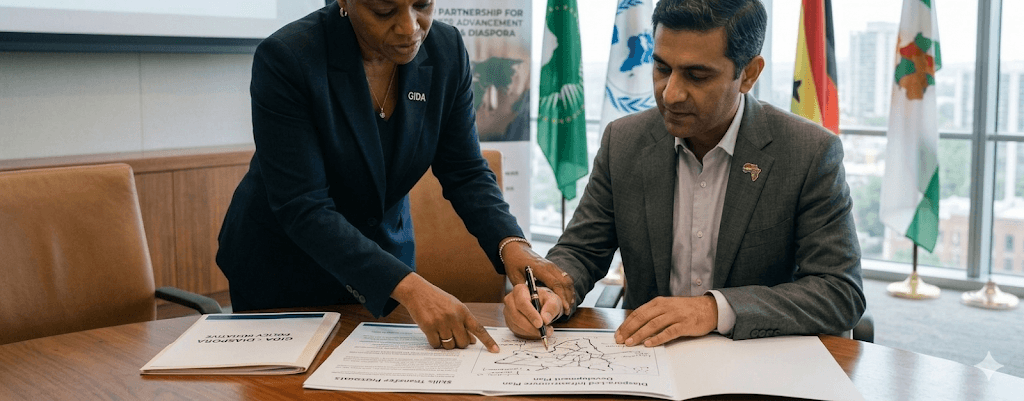 GIDA representatives reviewing a Diaspora-led Infrastructure Development Plan with international flags in the background