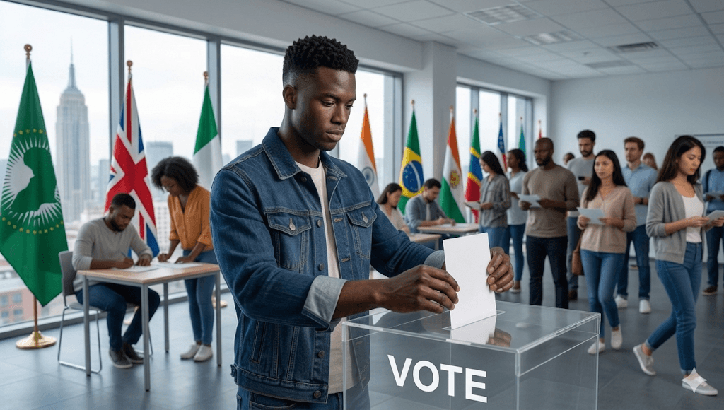 Diaspora voter casting a ballot with international flags and a city skyline in the background