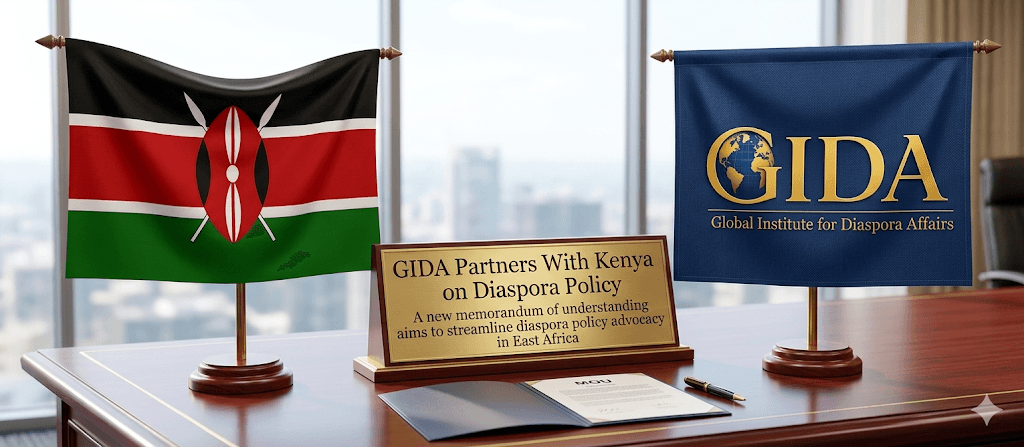 Kenya and GIDA desk flags with a commemorative plaque for the diaspora policy partnership memorandum of understanding